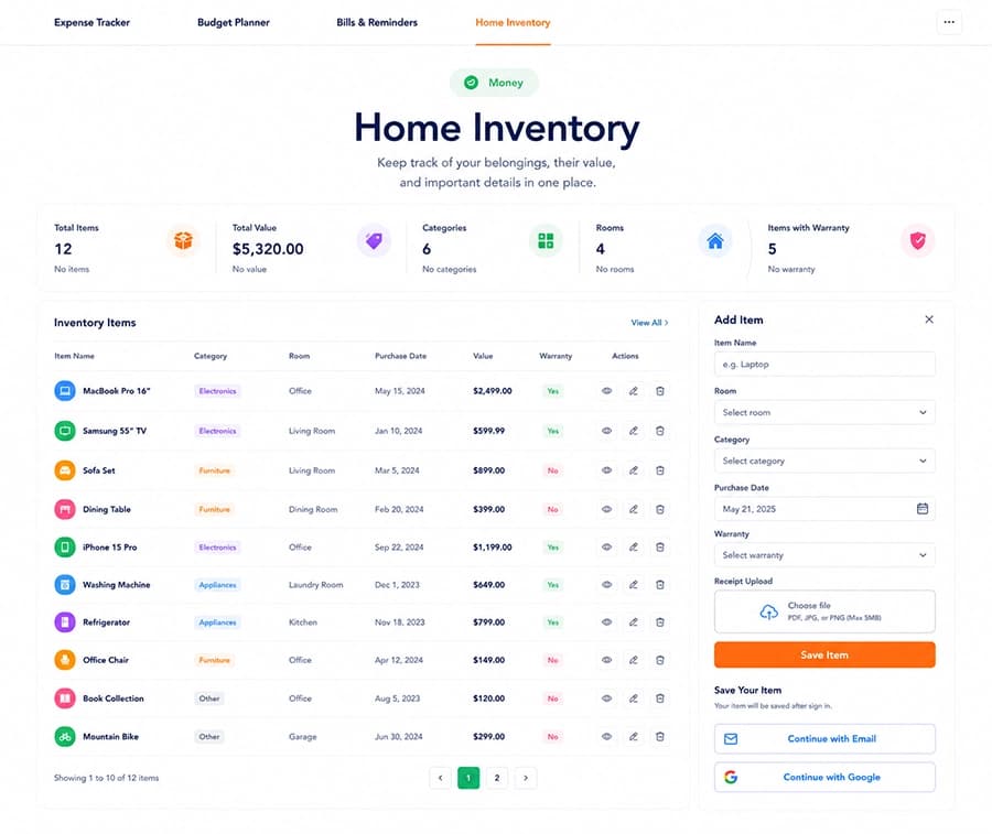 Lifvero home management system for organizing household information and home inventory