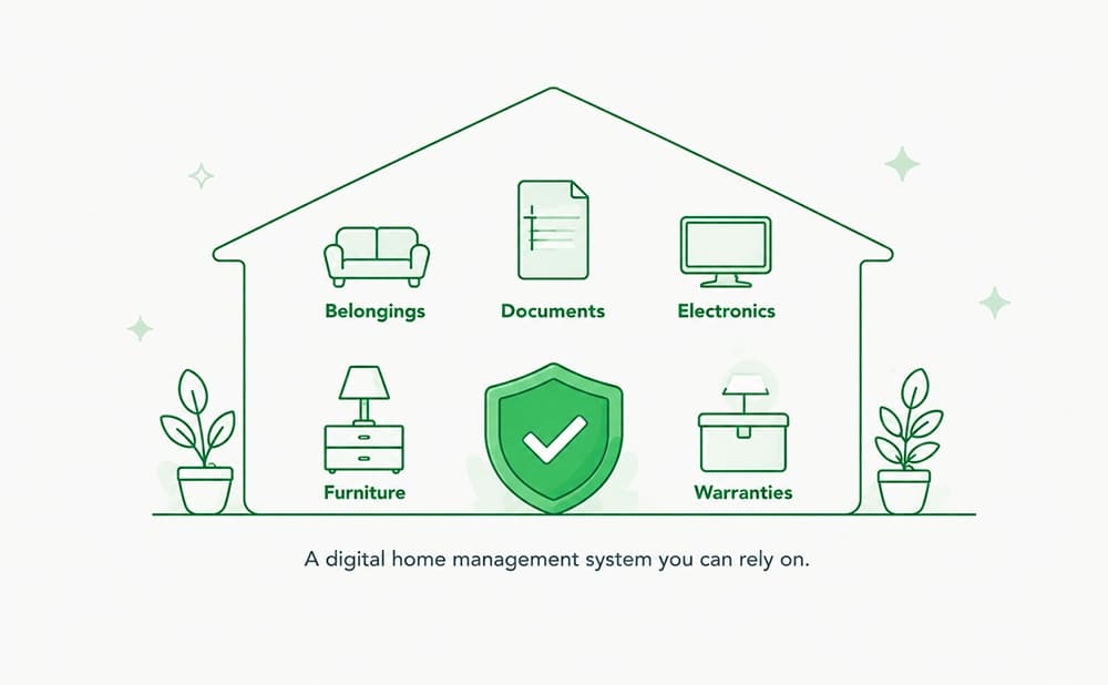 Digital home management system for organizing belongings, documents, electronics, furniture, and warranties
