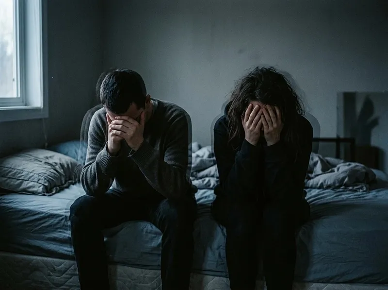 Two people struggling with morning depression and emotional exhaustion on the edge of a bed.