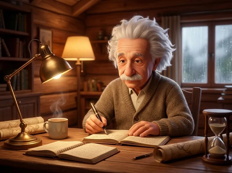 An animated Albert Einstein sitting at a rustic wooden desk in a cozy cabin, thoughtfully writing inspirational quotes about life by lamplight.