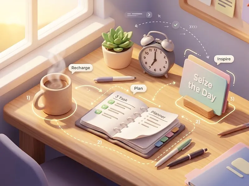 An animated 3D infographic illustration showing a calming morning desk routine with coffee, an anchor quote card, and a daily planning notebook.
