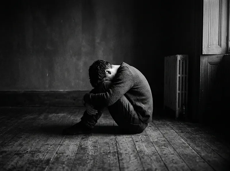 A person sitting curled up in a dimly lit room, reflecting the emotional heaviness of structuring a day with depression.