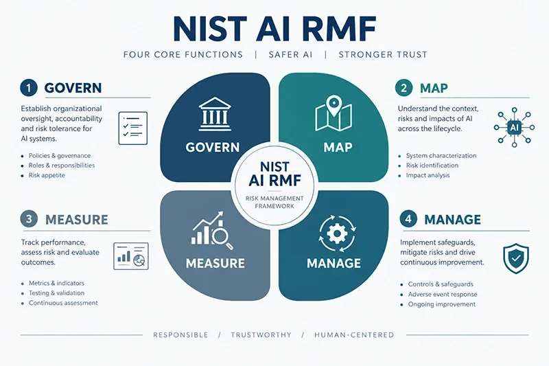 Infographic illustration showing the four core functions of the NIST AI RMF: Govern, Map, Measure, and Manage for AI risk governance.