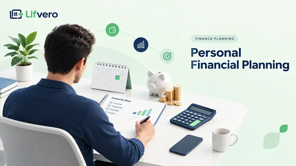 Personal financial planning with a man organizing a budget, savings, expenses, and financial goals at a desk