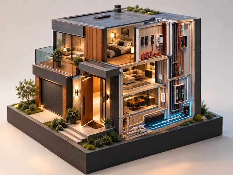 Alt Text: 3D isometric diorama model of a modern smart house showing cutaway walls with deep electrical switch boxes, structured conduit wiring, and dedicated circuits.