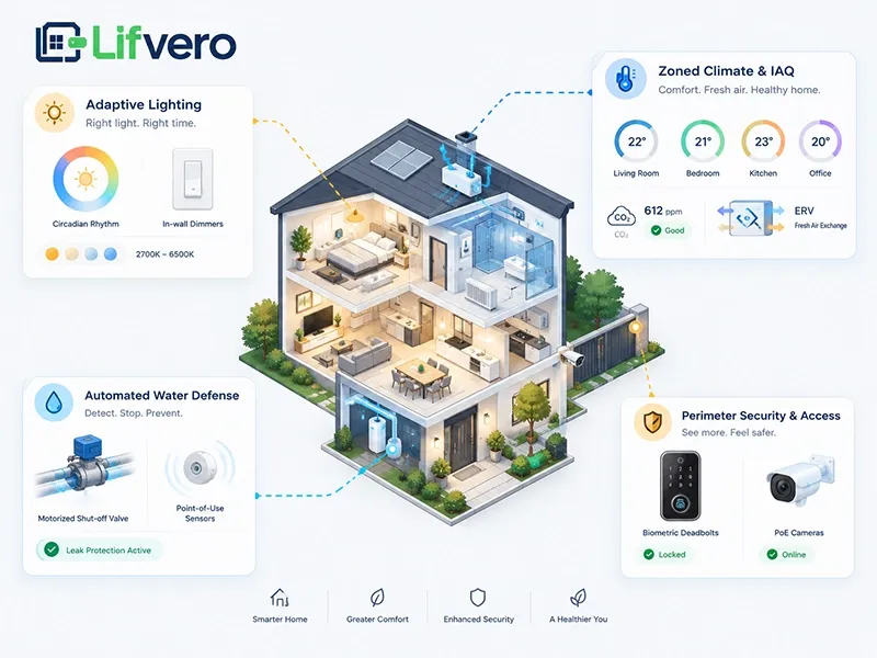 Isometric vector infographic illustration displaying essential smart house features across lighting, climate, security, and water defense domains.